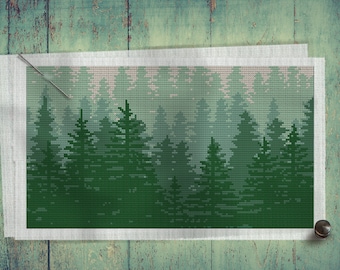Green pine forest landscape counted cross stitch pattern PDF
