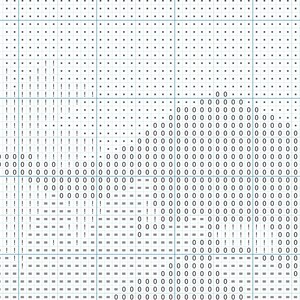 May include: Black and white pixel art design featuring a stylized image of a bird with a long beak and a long tail. The bird is surrounded by a grid of black squares.