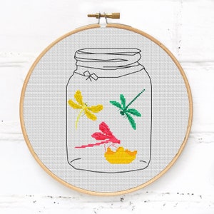 Red, green and yellow dragonflies in glass jar cross stitch pattern PDF