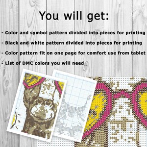 May include: A digital cross-stitch pattern for a dog with a pink and yellow bandana. The pattern is divided into pieces for printing and includes a list of DMC colors needed.