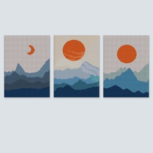 May include: Three abstract landscape paintings with a minimalist style. The paintings feature a mountain range with a crescent moon, a sun, and a sun in the sky. The paintings are in shades of blue, gray, and orange.