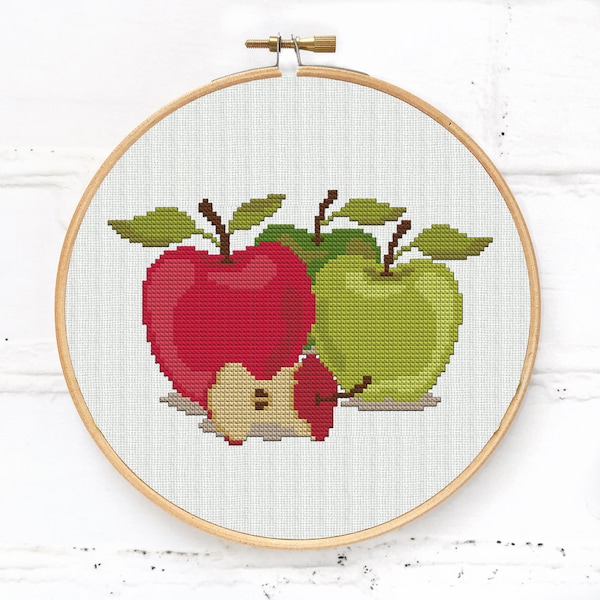 Apples cross stitch pattern, red and green apples still life embroidery picture PDF