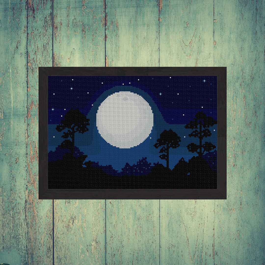 Full Moon Night Forest Landscape Counted Cross Stitch Pattern - Instant ...