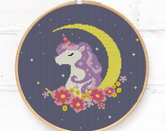 Unicorn in the night sky and flowers cross stitch pattern PDF