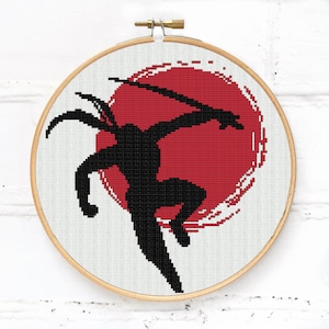 Ninja and red sun cross stitch pattern PDF, Japan landscape embroidery pattern