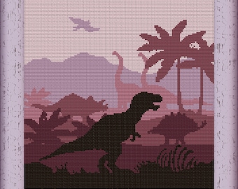 May include: A cross-stitch pattern of a dinosaur in a prehistoric landscape. The dinosaur is black and the landscape is a muted purple with palm trees.