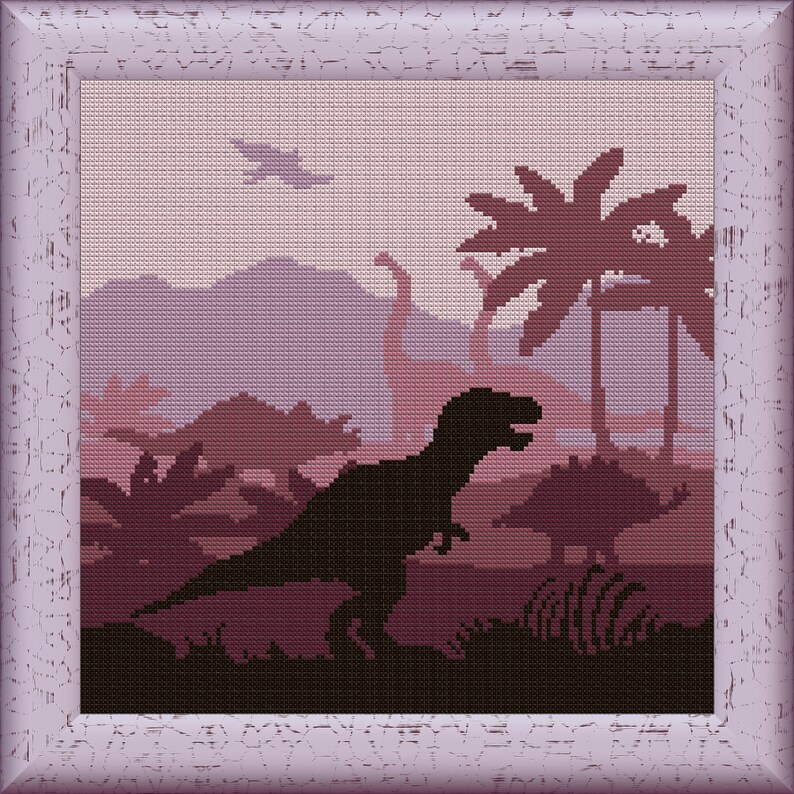 May include: A cross-stitch pattern of a dinosaur in a prehistoric landscape. The dinosaur is black and the landscape is a muted purple with palm trees.