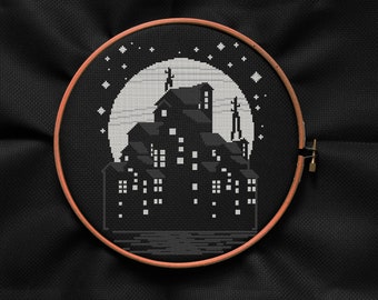 Nacht Stadtlandschaft mit Sternenhimmel und Vollmond Kreuzstichmuster PDF