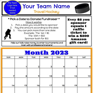 Hockey Fundraiser Pick a Date to Donate Calendar