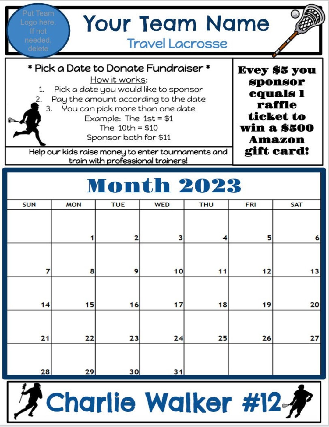 Lacrosse Fundraiser Digital Pick a Date to Donate Calendar Etsy