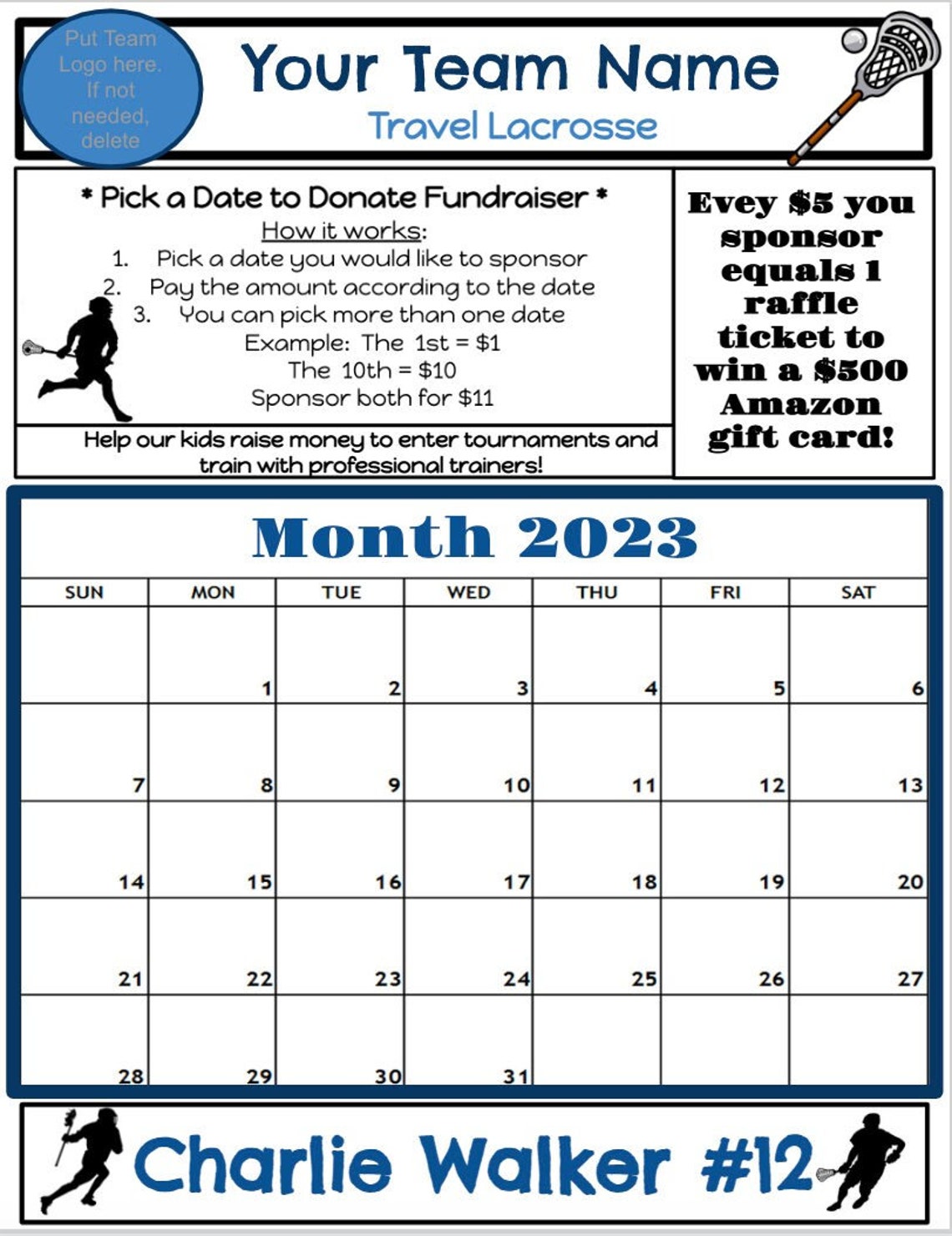 Lacrosse Fundraiser Digital Pick a Date to Donate Calendar Etsy