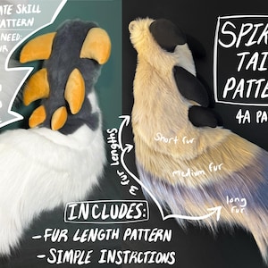 May include: A pattern for a spiked tail, featuring a design with faux fur and various fur lengths. The image includes text that reads "Spiked Tail Pattern" and "4A Paper". The pattern includes fur length patterns and simple instructions.