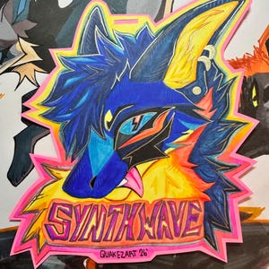 May include: A colorful sticker featuring a stylized wolf head with blue, yellow, orange, and pink accents. The word "SYNTHWAVE" is written in a retro font. The artist's signature, "QUAKEZART 26", is at the bottom.