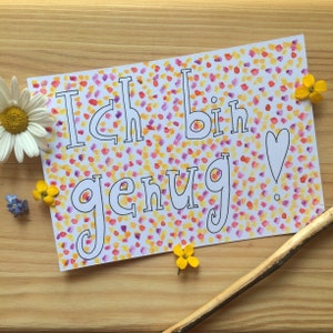 Cartão postal Eu sou bastante! | Impressão de arte em aquarela | A6 | Amor próprio | Autocrescimento