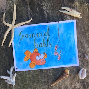 Carte postale Sammal accroché ? | Impression d'art aquarelle | A6 | absurdité | Humbug | Poisson & Ver | pêche