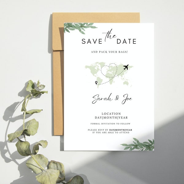 Abroad Wedding Save the Dates Template, Greenery Save the Date Digital Download, Editable