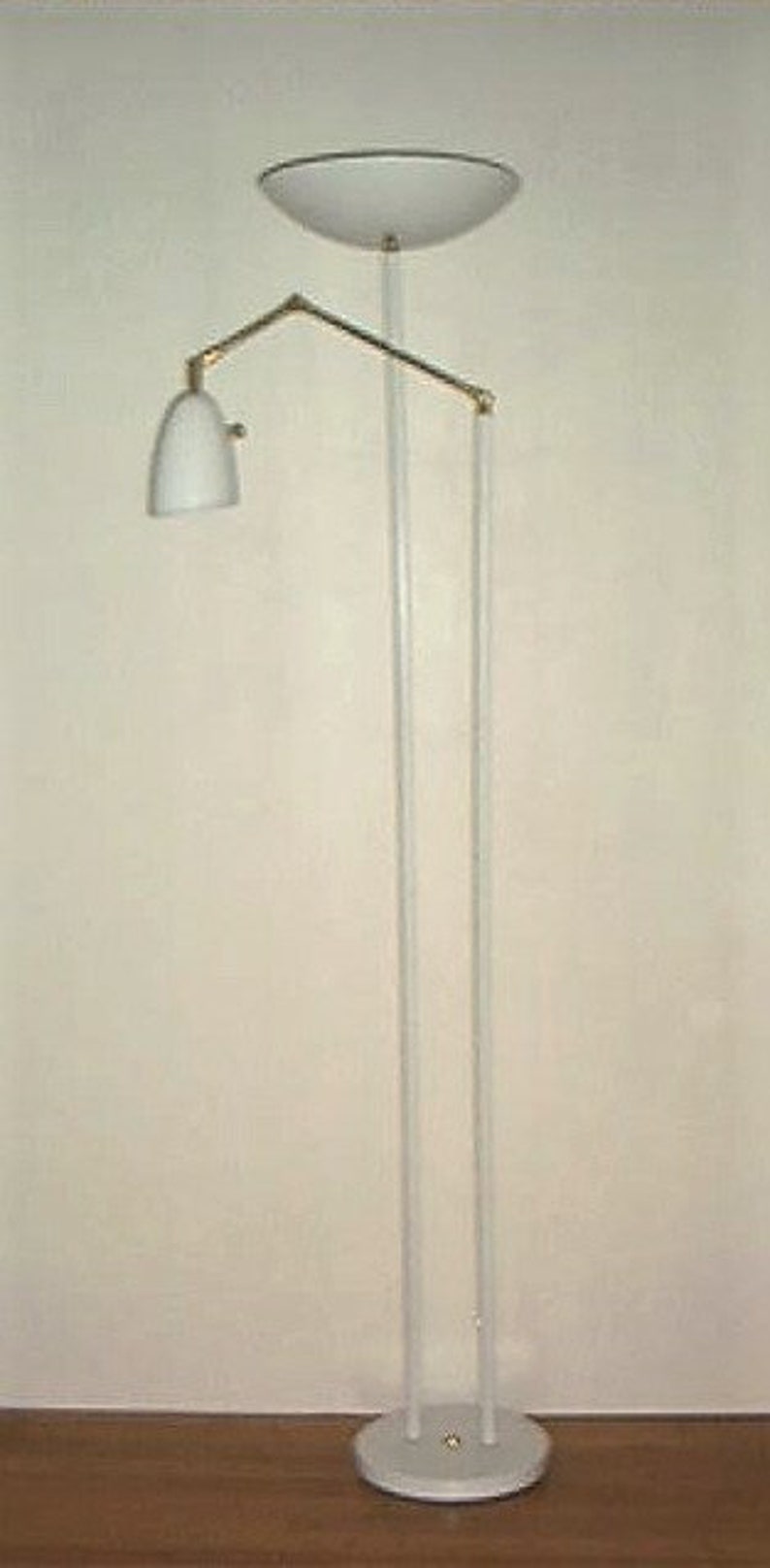 Floor Lamp Torchiere White Brass W Adjustable Cone Arm Mid Century Deco Bauhaus Arteluce Eames Stilnovo Italian 50s 60s Atomic