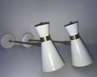 SCONCE LIGHTS GUAERICHE - Pair - White & Brass Stilnovo Eames Arteluce Mid Century Deco 5-s 60s Atomic