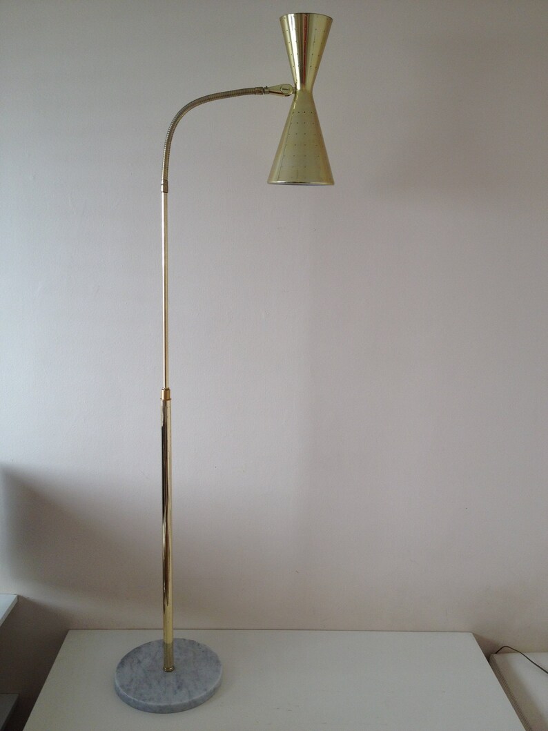 Hourglass Marble Brass Gooseneck Floor Lamp Light Mid Century Arteluce Eames Stilnovo Deco Italian 50s 60s Atomic