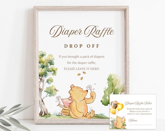 Bearbeitbares Windel-Verlosungszeichen, klassische Winnie The Pooh-Babypartyvorlage