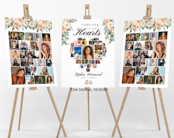 Blush Floral Funeral Photo Collage Set TEMPLATE, Heart Photo Poster Welcome Sign, In Loving Memory, Celebration Of Life