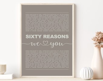 60 Reasons We Love You, 60th Birthday Gift, Custom Gift, 60th Birthday Gifts For Women,  Gifts For Men, Printable Minimalist Gift