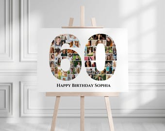 Minimalist Personalized 60th Birthday Photo Collage Template, Gift for Her, 60th Birthday Picture Poster, Printable Party Decoration, Canva