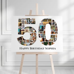 Minimalist Personalized 50th Birthday Photo Collage Template, Gift for Her, 50th Birthday Picture Poster, Printable Party Decoration, Canva