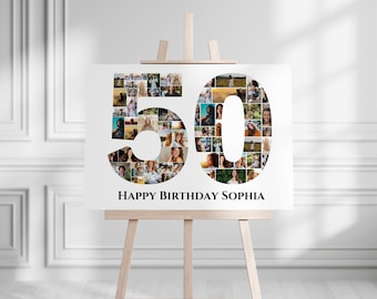 Minimalist Personalized 50th Birthday Photo Collage Template, Gift for Her, 50th Birthday Picture Poster, Printable Party Decoration, Canva