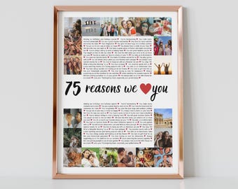 Personalized 75 Reasons Why We Love You Photo Collage, 75th Birthday Poster, Anniversary Gifts, Canva Template