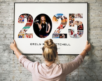 May include: A white framed poster with a collage of photos in the shape of the numbers 2025. The photos are of people playing sports, including basketball and volleyball. The name "Emily R. Mitchell" is printed below the numbers.