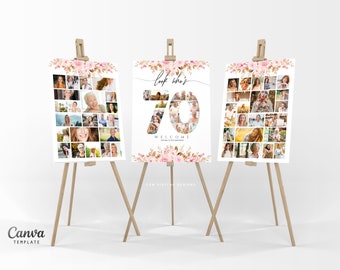 May include: Three white poster boards with floral borders and a photo collage of a person's life. The center board has the number 70 in large font with photos inside the numbers. The text "Look who's 70" and "Welcome to the 70th Birthday" is on the board. The boards are on wooden easels.