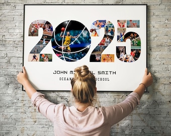 Könnte beinhalten: Ein weißer Poster mit dem Jahr 2025, das aus Basketballfotos gebildet wird. Der Text "JOHN MICHAEL SMITH OCEAN SCHOOL" befindet sich unter dem Jahr.