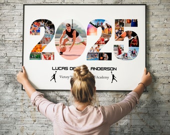 May include: A white poster with the numbers 2025 formed from a collage of basketball photos. The name "Lucas D. Anderson" is printed below the numbers, along with the text "Victory High School Academy".