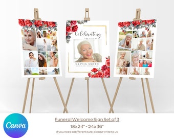 Funeral Collage TEMPLATE, Set of 3 Funeral Photo Collage Bundle, Funeral Welcome Sign Bundle, Memorial Poster, Easel Display Memorial Poster