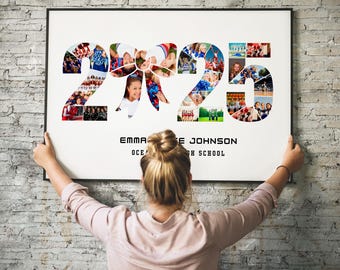 May include: A white poster with a photo collage of a cheerleading squad forming the numbers 2025. The poster has the text "Emma Rose Johnson Oceanside High School" printed below the collage.