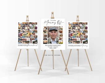Modèle de collage de photos à la mémoire d'amoureux, plaque de bienvenue pour les funérailles, affiche commémorative sur toile, téléchargement numérique, tableau photo