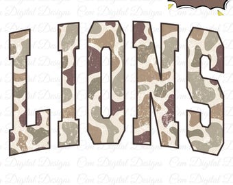 LIONS Camo PNG Bundle, Distressed & Clean Versions, Vintage Team Mascot Graphic, 300dpi Digital Download for TShirts DTF