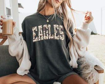 Eagles Retro Camo Typography PNG, Distressed Varsity Letters, School Spirit Mascot Design, Go Team Preppy PNG for DTF Jackets