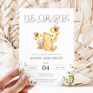 Plantilla clásica de tarjeta de invitación de Winnie The Pooh, Evite de revelación de género editable, plantilla personalizada