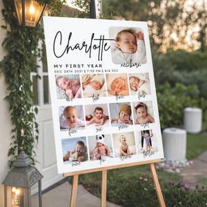 Minimalist 1st Birthday Photo Collage Sign, Printable Baby&#39;s First Year Poster, Editable 1st Birthday Milestone Board, Canva Template
