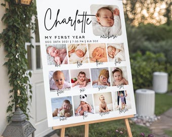 Minimalist 1st Birthday Photo Collage Sign, Printable Baby's First Year Poster, Editable 1st Birthday Milestone Board, Canva Template