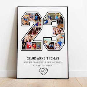 Modello di collage fotografico con numeri personalizzati, modello di qualsiasi numero sportivo Canva, poster di pallavolo, regali per la serata di fine anno di football, laurea 2025