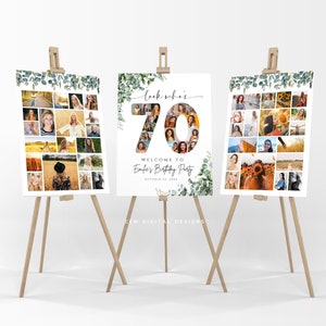 Greenery 65th Birthday Photo Collage TEMPLATE, Eucalyptus Party Decoration, Printable Birthday Poster, DIY