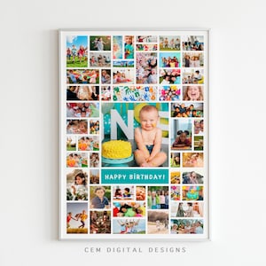 May include: A colorful photo collage with a white frame. The collage features a variety of photos of people, including a baby sitting in front of a cake with the word "ONE" on it. The text "Happy Birthday!" is written in a teal banner at the bottom of the collage.