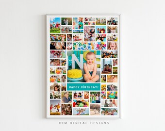 1歳の誕生日フォトコラージュ、初めてのハッピーバースデーポスター、男の子または女の子、DIY、Canvaテンプレート、24x36