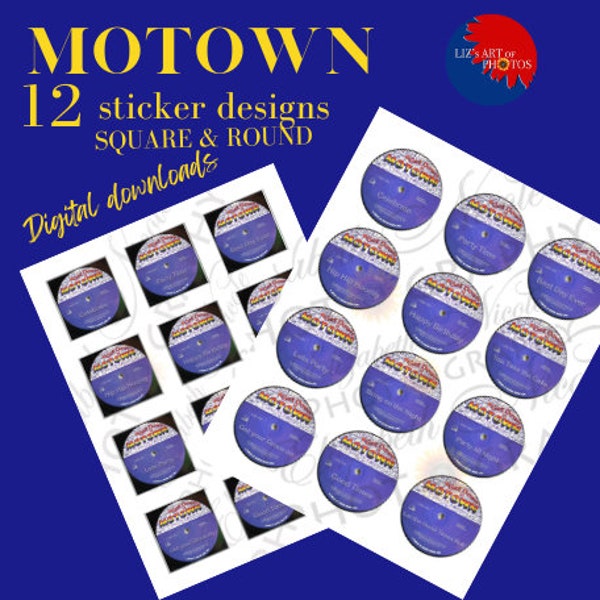 Motown 2 inch Sticker designs: square & round design templates- printable digital downloads