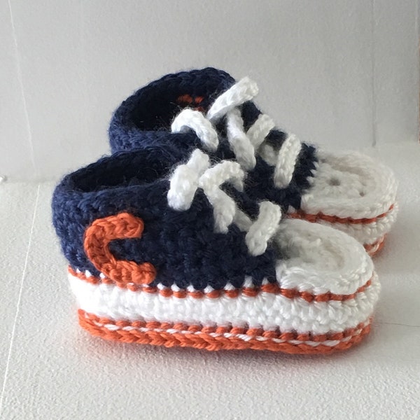 Chicago Bears Football Team Sports Style Sneaker; Blue, White and Orange Baby Booties (Made When Ordered)