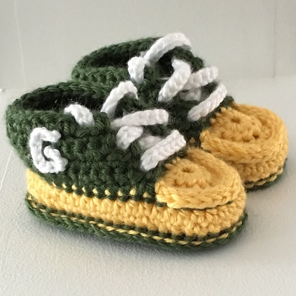 Green Bay Packers Sports Football Team Green and Sunshine Yellow Sneaker Style Baby Booties (Made When Ordered)