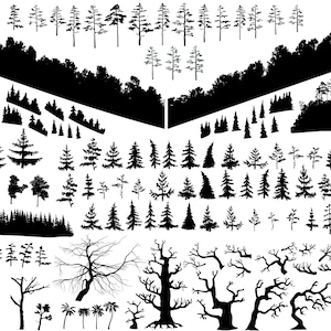Digital Svg, EPS, DXF set di alberi, pini, albero di halloween, cespugli, betulle, abeti rossi, palme e così via. Siluette vettoriali della foresta in bianco e nero.